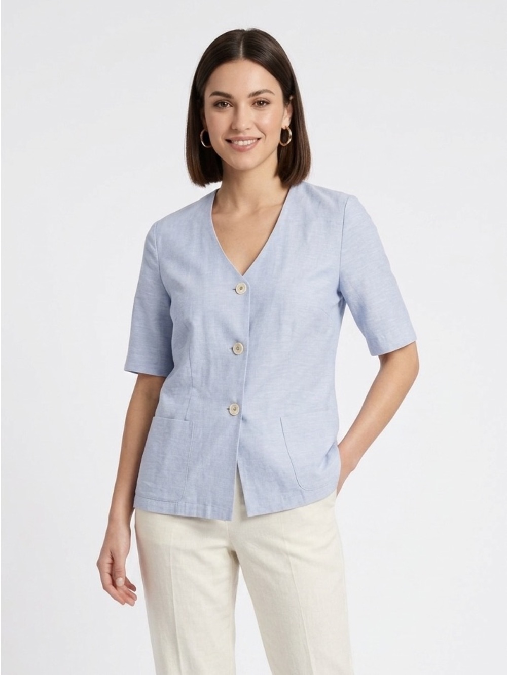 RIANI V-Neck Short Shirt Sleeve Jacket with Pockets Blue Linen Silk Blend Sz 40